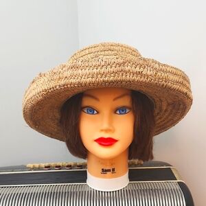 NWOT - SUN-N-SAND STRAW LARGE ROLLED BRIM HAT WITH SMALL BEAD ACCENTS